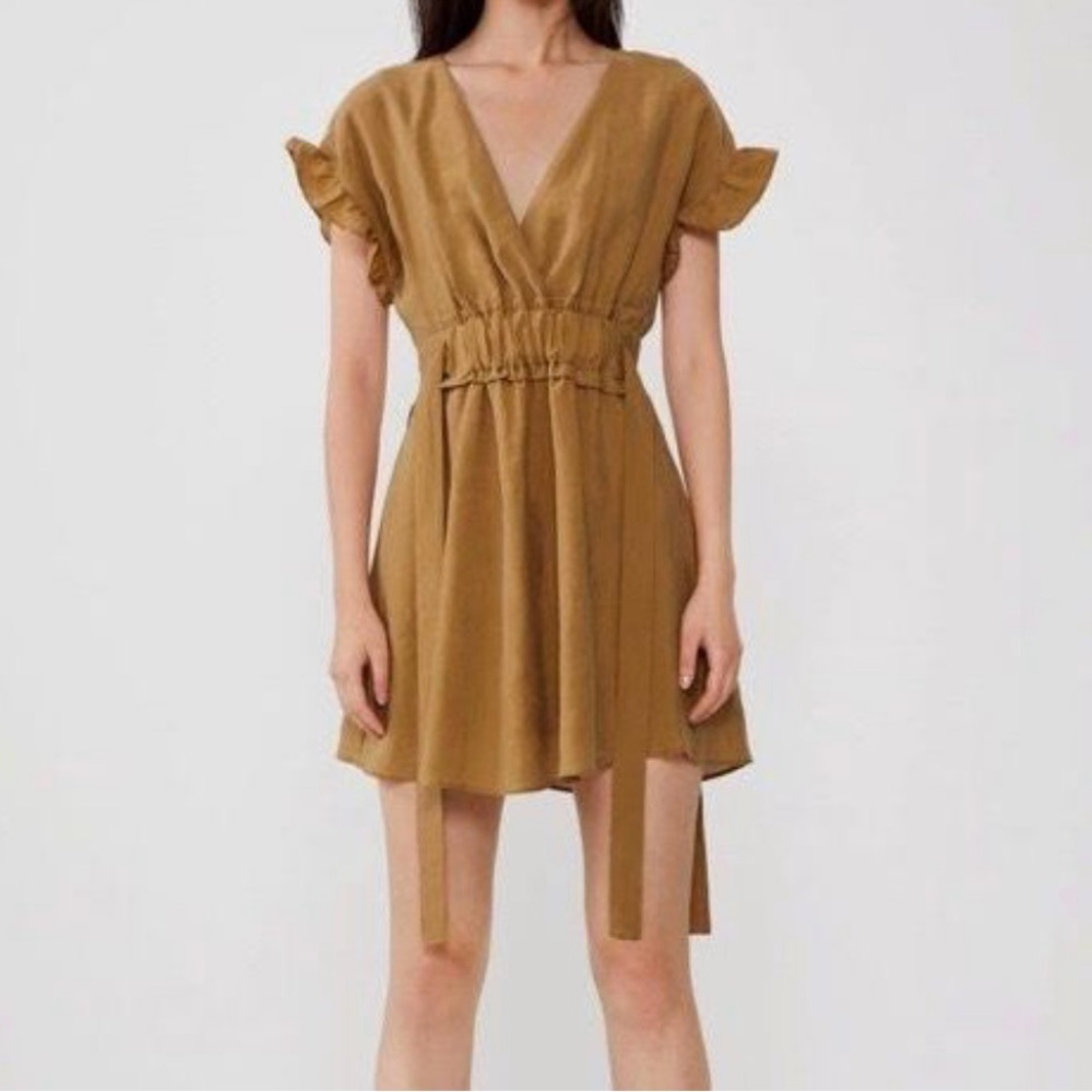 Zara V-Neck Ruffle Flutter‎ Sleeve Brown Dress Women Medium Cinched Waist Boho
